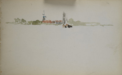 James McNeill Whistler, Landschap met een windmolen [uit Schetsboek (Britse en Nederlandse gezichten)] 1887, potlood, inkt en aquarel op papier, 7,5 × 12 cm, Hunterian Art Gallery, University of Glasgow, legaat van Rosalind B. Philip (1958).