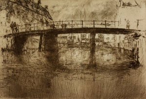 James McNeill Whistler, Brug, Amsterdam 1889, ets en droge naald op papier, 16,3 × 24 cm, Hunterian Art Gallery, University of Glasgow, legaat van Rosalind B. Philip (1958)